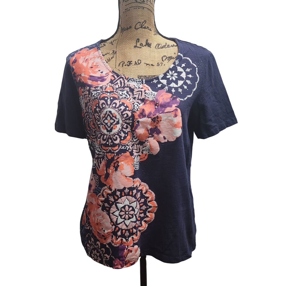Coral Bay Women's Navy Blue Floral Print Rhinestone Short Sleeve T Shirt Large